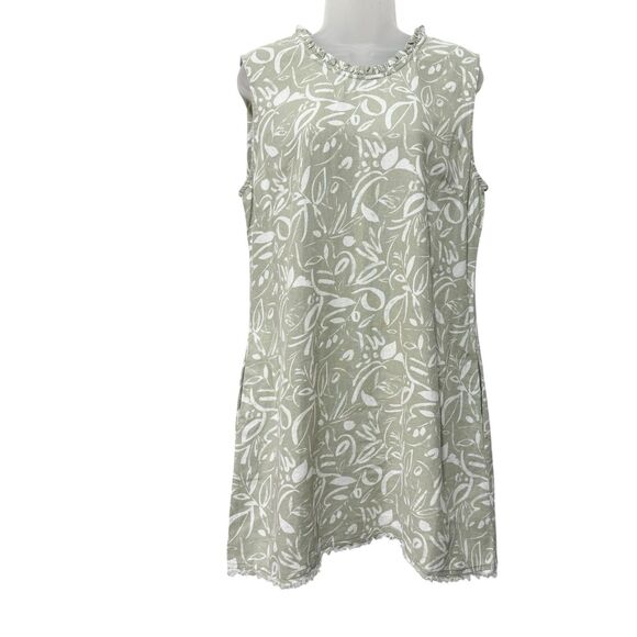 Charlie Paige Linen Blend Shift Dress M Sage Green Leaf Print Sleeveless - Picture 2 of 13
